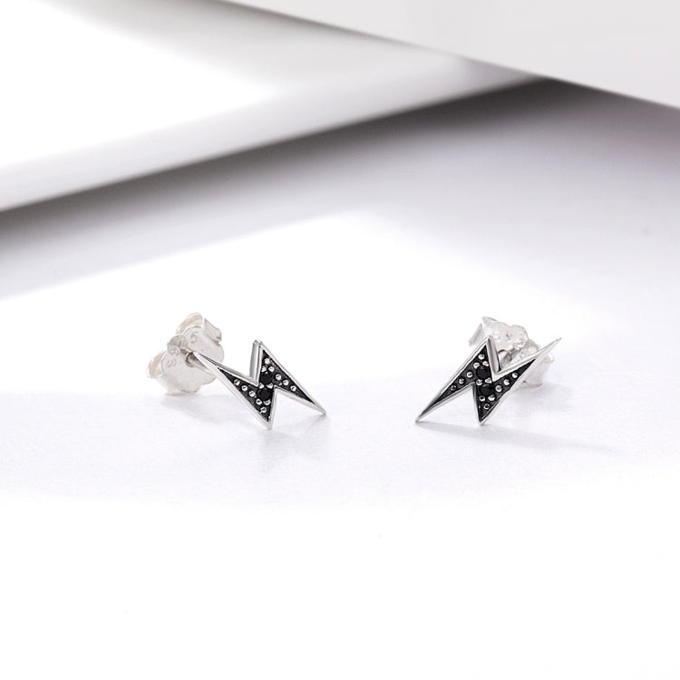 Sterling silver lightning bolt stud earrings with black pave-style center detailing