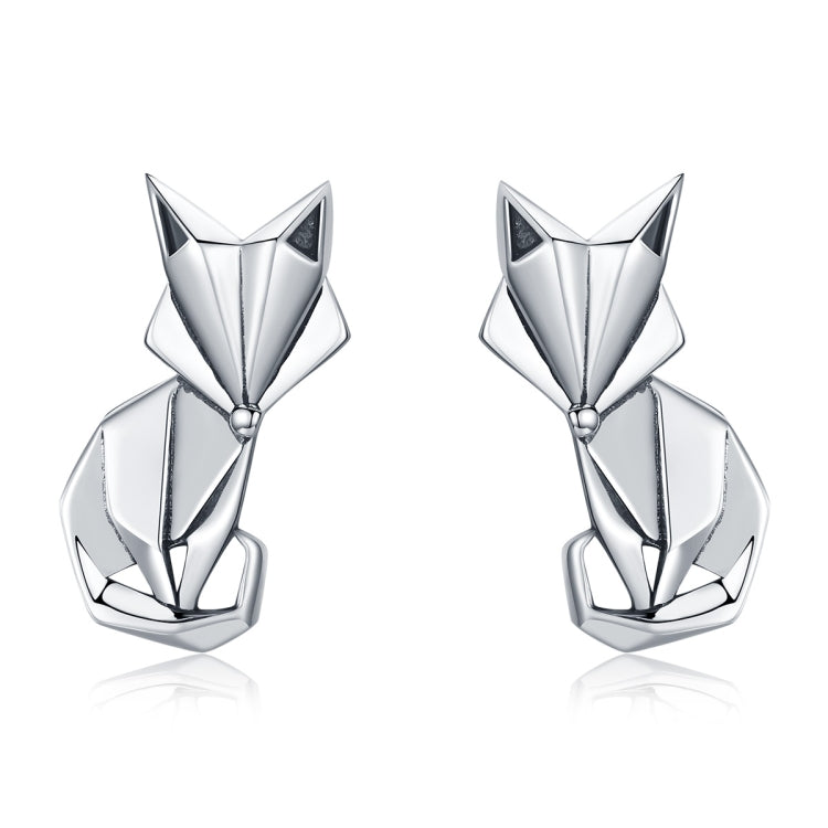 Sterling silver fox origami stud earrings with black enamel insets, pair