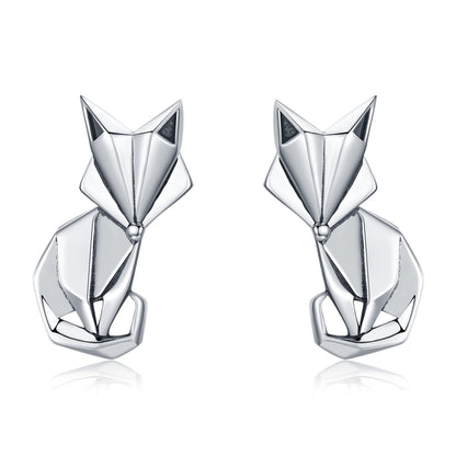 Sterling silver fox origami stud earrings with black enamel insets, pair