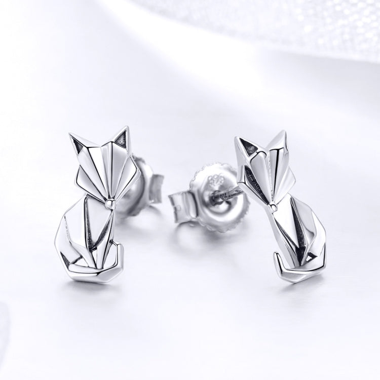 Sterling silver fox origami stud earrings with black enamel accents, front view