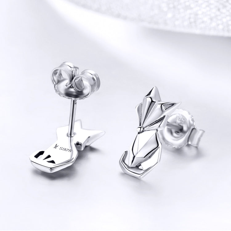 Sterling silver fox origami earrings, back view showing butterfly clasps