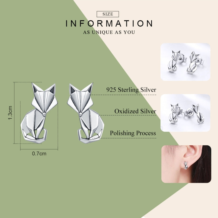 Sterling silver fox origami earrings set with size and finish info layout