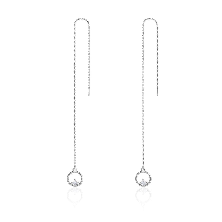 Sterling silver drop earrings with round crystal charm and thin hanging chains.