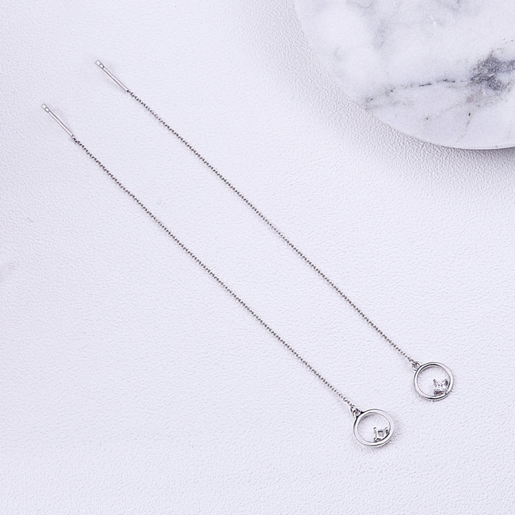 Sterling silver drop earrings with thin chains and small round crystal charms.