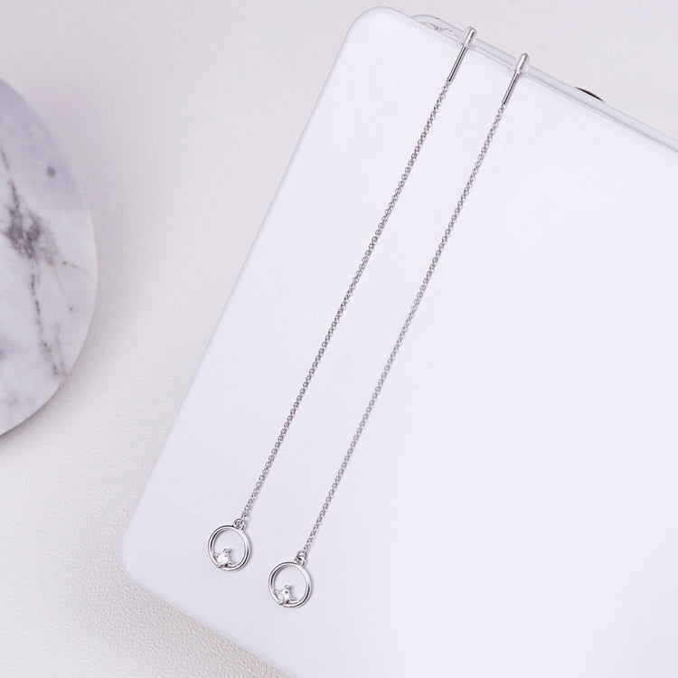 Sterling silver drop earrings, two thin chains with round crystal charms.