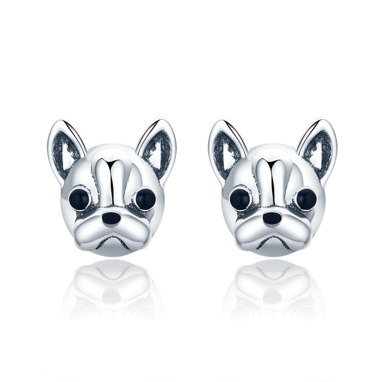 Sterling silver bulldog stud earrings with enamel black eyes and nose, pair