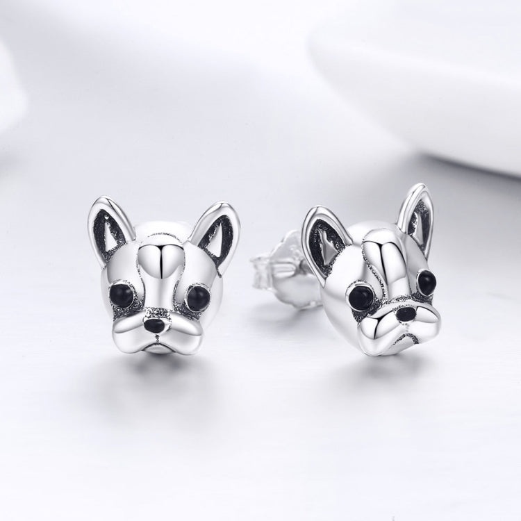 Sterling silver bulldog stud earrings, front view pair with black enamel detail