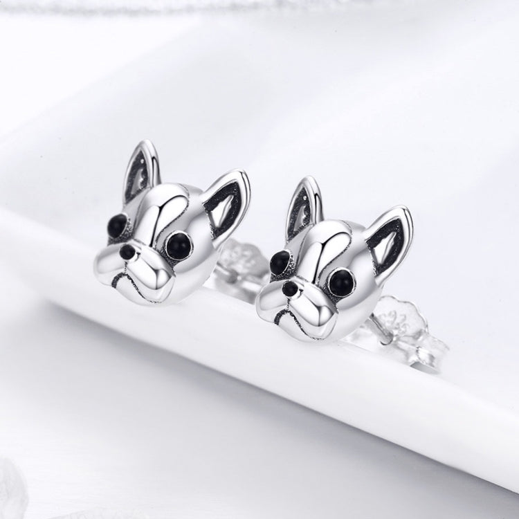 Sterling silver bulldog stud earrings, angled pair with black enamel eyes and muzzle
