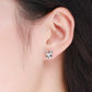Bulldog stud earrings worn on ear, sterling silver with black enamel eyes