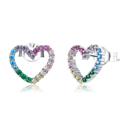 Heart-shaped stud earrings in sterling silver with rainbow CZ stones, multicolor heart