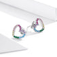 Heart-shaped rainbow CZ stud earrings with silver backs and multicolored stones