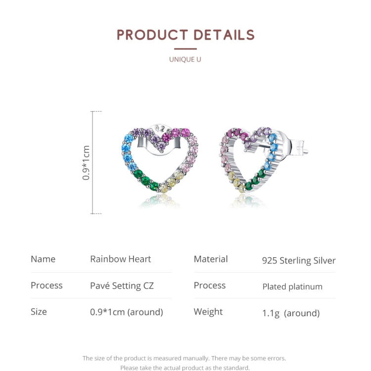 Set of two heart-shaped stud earrings with rainbow CZ stones on sterling silver