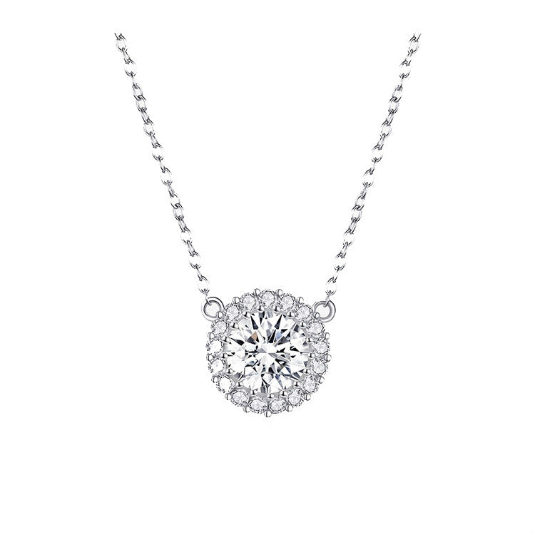 Silver zircon halo pendant necklace with round crystal centerpiece on a chain
