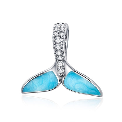Sterling silver ocean fishtail pendant with blue enamel fins and CZ-set bail