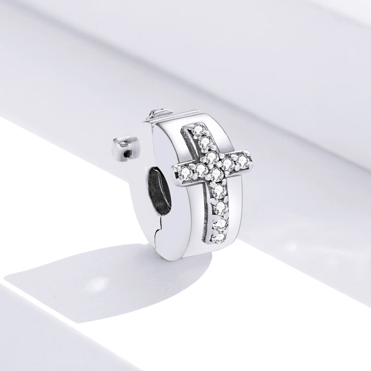 Sterling silver bead charm with crystal cross detail and hinged clasp