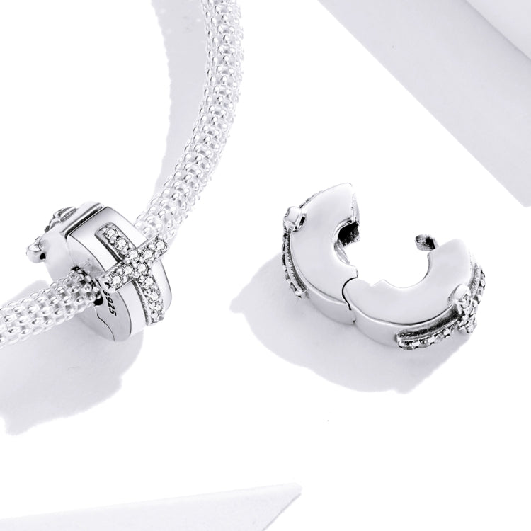 S925 sterling silver beaded cross buckle charm with clear stone accents