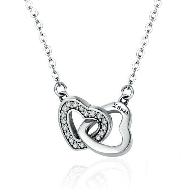 S925 sterling silver heart necklace with interlocking heart pendant and clear stones