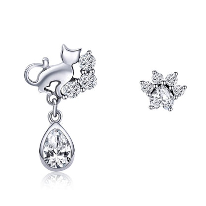 Sterling silver cat and paw earrings with clear crystal accents and teardrop drop
