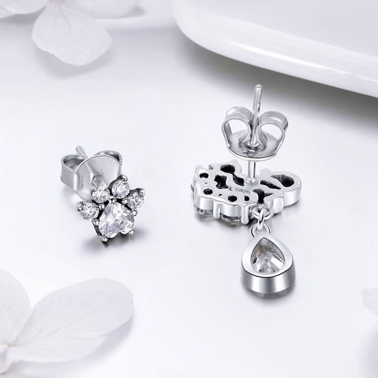 Sterling silver cat stud and dangling teardrop charm earrings with sparkle CZ details
