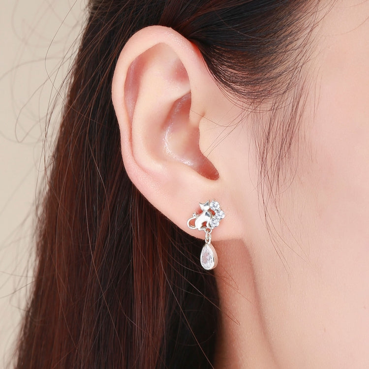 S925 sterling silver cat stud earring with a small teardrop dangle