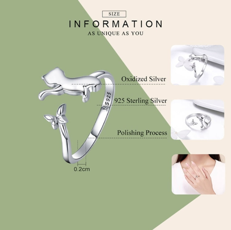 Sterling silver cat companion ring on angled display; 925 stamp and charm details