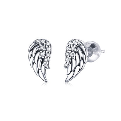 S925 sterling silver wing stud earrings with clear stones