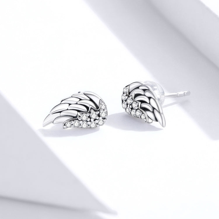 S925 sterling silver wing stud earrings with clear crystal accents
