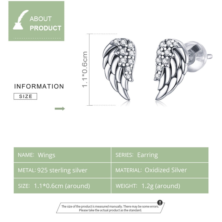 Sterling silver wing earrings with crystal accents, 1.1 x 0.6 cm