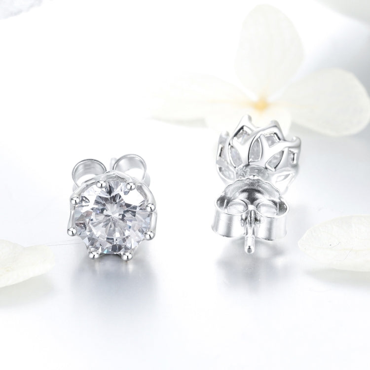 Round clear zircon stud earrings in sterling silver, back view shows posts