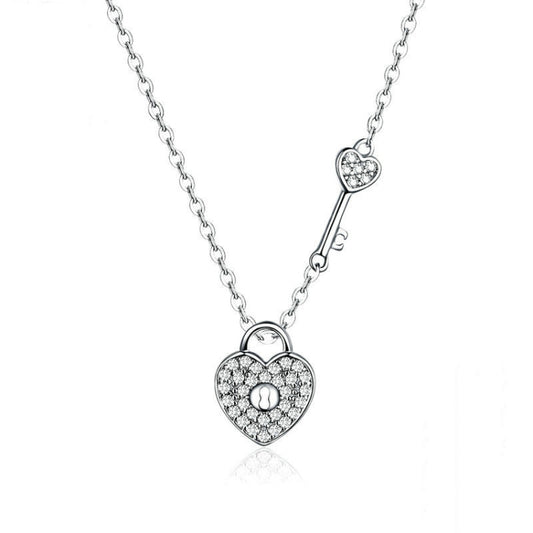 S925 Sterling Silver Platinum Plated Heart Lock Necklace Girls White Inlaid Zircon Key Jewelry, SCN315
