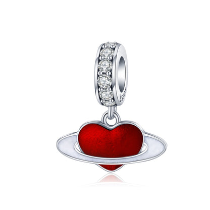 S925 sterling silver planet charm pendant with red heart and clear stones