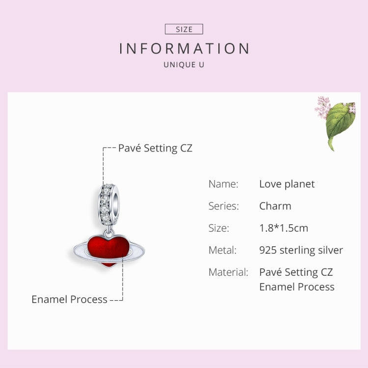 Sterling silver love planet charm with red enamel heart and pave-set CZ bail