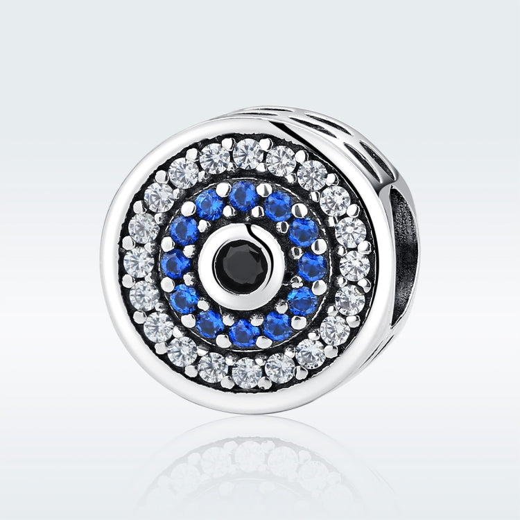 Round evil-eye charm bead in S925 silver, blue crystal ring, clear accents, black core