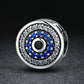S925 sterling silver round evil-eye bead with blue center ring, clear crystals, black inset