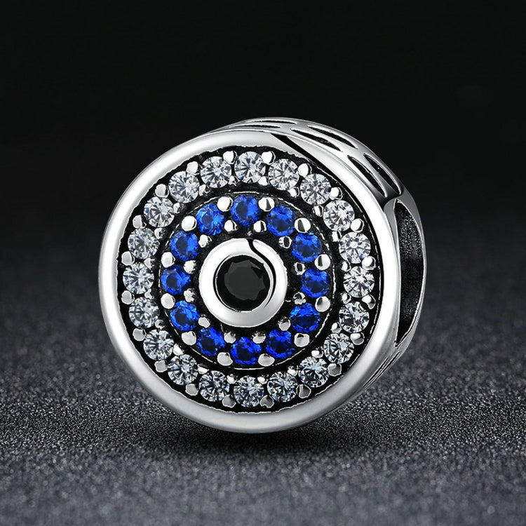 S925 sterling silver round evil-eye bead with blue center ring, clear crystals, black inset