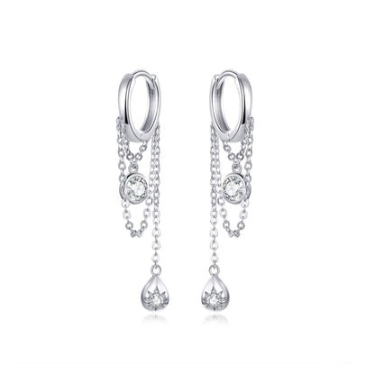 Sterling silver hoop earrings with zircon chain tassels