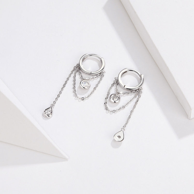 Pair of silver hoop zircon tassel earrings with dangling teardrop charms