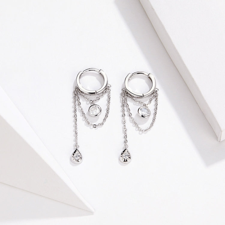 Silver hoop zircon tassel earrings with small round charm and teardrop dangles