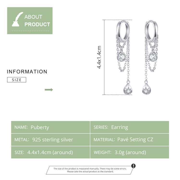 Silver zircon tassel hoop earrings shown with chain and teardrop drop