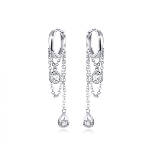 Sterling silver hoop earrings with zircon chain tassels