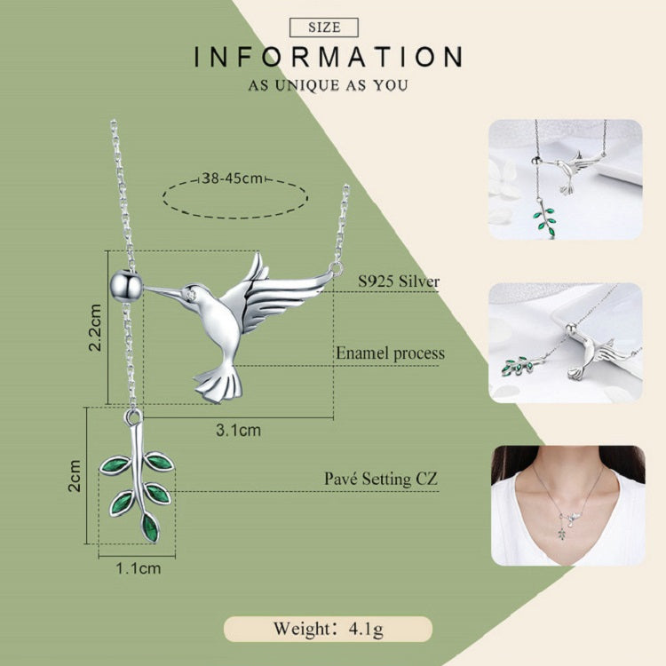 Sterling silver hummingbird necklace on chain with green enamel flower charm