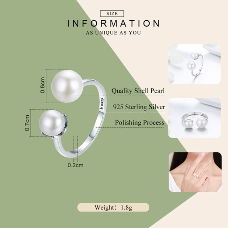 Sterling silver open ring with two round white pearl-style stones, size diagram view