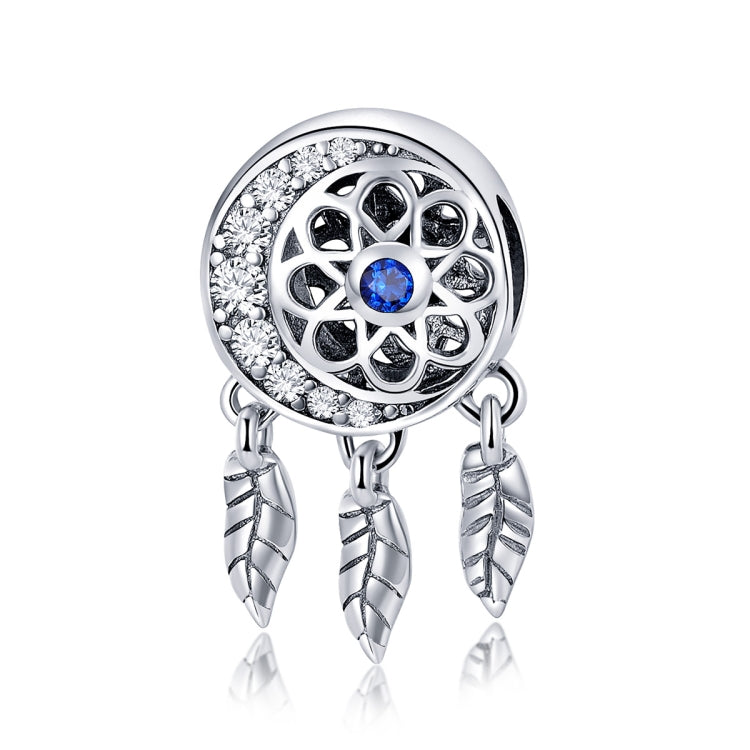 Sterling silver dreamcatcher bead charm with blue center and dangling feather accents