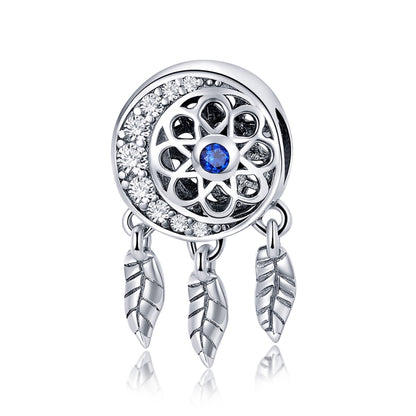 Sterling silver dreamcatcher bead charm with blue center and dangling feather accents