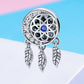 Sterling silver dreamcatcher bead charm with blue gem center and three feather dangles