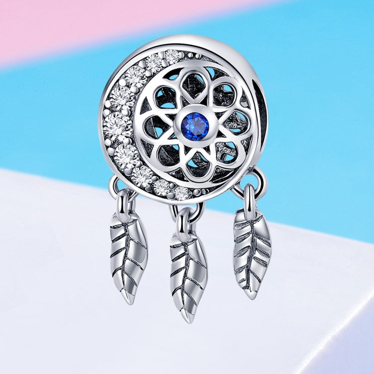 Sterling silver dreamcatcher bead charm with blue gem center and three feather dangles