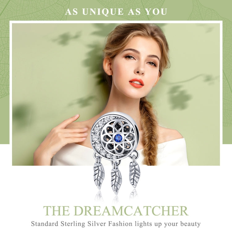 Sterling silver dreamcatcher bead charm with blue center stone and three dangling feather charms