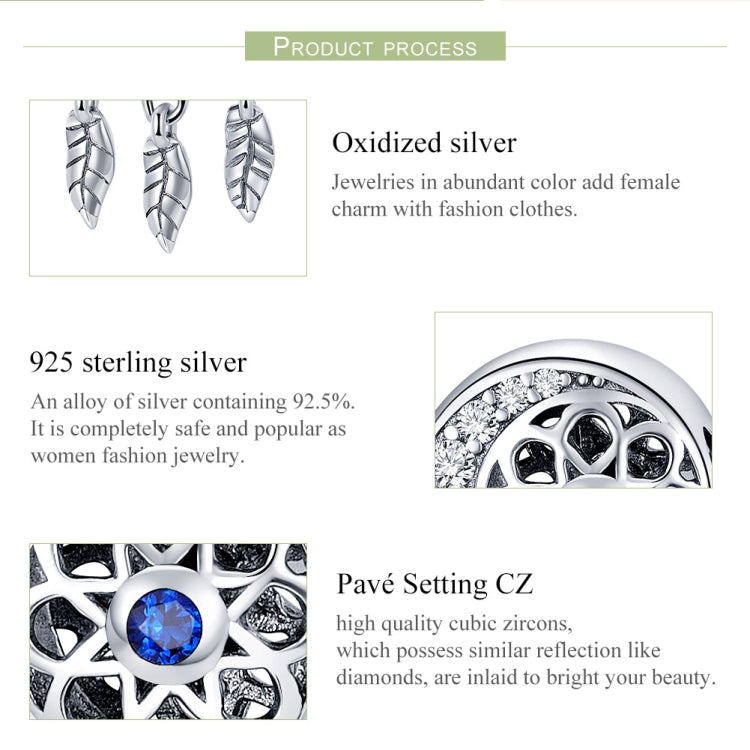 Sterling silver dreamcatcher bead charm detail with blue CZ and feather dangles