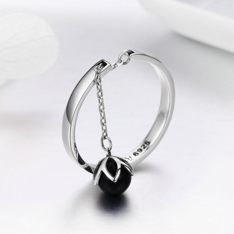 Oxidized silver open ring with black pearl charm on a chain, 925 band