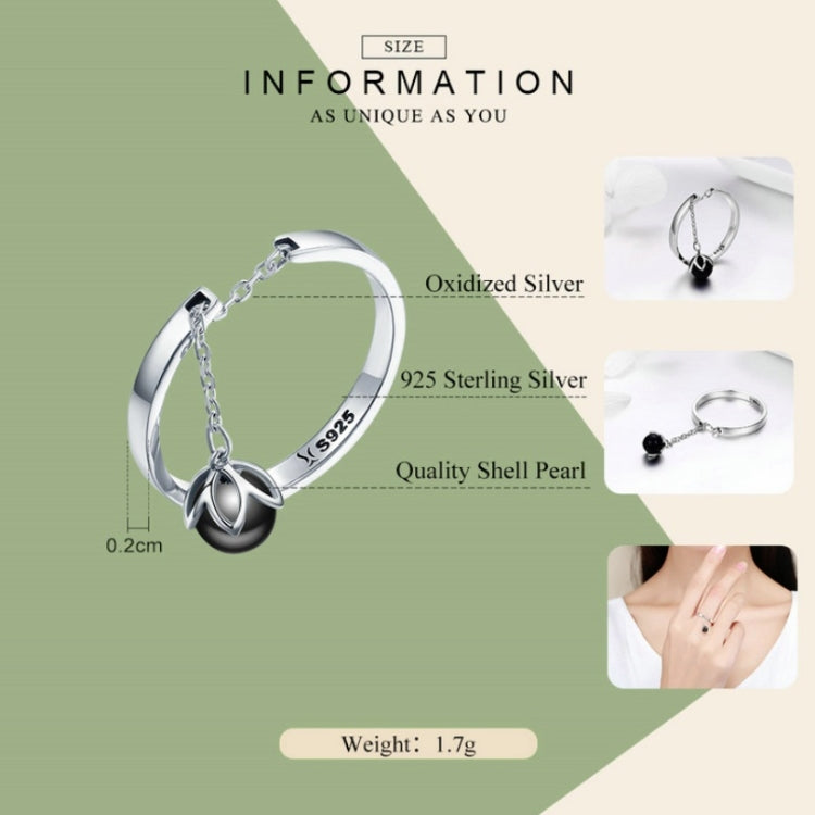 Info graphic for sterling silver open ring with black pearl charm and chain, 1.7g weight